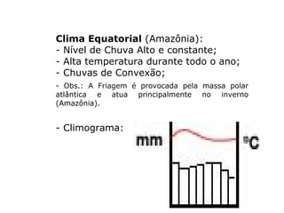 Clima Equatorial  (Amazônia): - Nível de Chuva Alto e constante; - Alta temperatura durante todo o ano; - Chuvas de Convexão; - Obs.: A Friagem é provocada pela massa polar atlântica e atua principalmente no inverno (Amazônia).   - Climograma: 