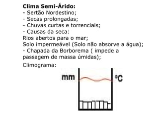 Clima Semi-Árido: - Sertão Nordestino; - Secas prolongadas; - Chuvas curtas e torrenciais; - Causas da seca: Rios abertos para o mar; Solo impermeável (Solo não absorve a água); - Chapada da Borborema ( impede a passagem de massa úmidas); Climograma: 