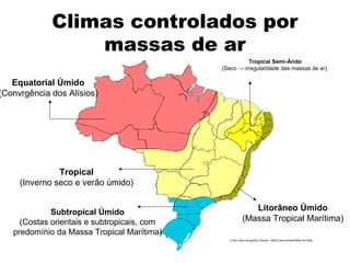 Climas controlados por
massas de ar
Equatorial Úmido
(Convrgência dos Alísios)
Tropical
(Inverno seco e verão úmido)
Subtropical Úmido
(Costas orientais e subtropicais, com
predomínio da Massa Tropical Marítima)
Fonte: Atlas Geográfico Escolar - Maria Elena Simielli/Mário De Biasi
Tropical Semi-Árido
(Seco → irregularidade das massas de ar).
Litorâneo Úmido
(Massa Tropical Marítima)
 