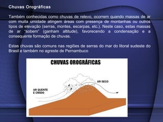 Chuvas Orográficas
 
Também conhecidas como chuvas de relevo, ocorrem quando massas de ar
com muita umidade atingem áreas com presença de montanhas ou outros
tipos de elevação (serras, montes, escarpas, etc.). Neste caso, estas massas
de ar “sobem” (ganham altitude), favorecendo a condensação e a
consequente formação de chuvas.
 
Estas chuvas são comuns nas regiões de serras do mar do litoral sudeste do
Brasil e também no agreste de Pernambuco.  
 
 