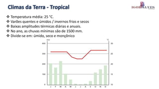 Climas da Terra - Tropical
 Temperatura média: 25 °C.
 Varões quentes e úmidos / invernos frios e secos
 Baixas amplitudes térmicas diárias e anuais.
 No ano, as chuvas mínimas são de 1500 mm.
 Divide-se em: úmido, seco e monçônico
 