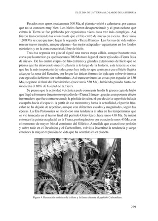 229
EL CLIMA DE LA TIERRAA LO LARGO DE LA HISTORIA
Pasados esos aproximadamente 300 Ma, el planeta volvió a calentarse, por causas
que no se conocen muy bien. Los hielos fueron desapareciendo y el gran océano que
cubría la Tierra se fue poblando por organismos vivos cada vez más complejos. Así
fueron transcurriendo las cosas hasta que el frío entró de nuevo en escena. Hace unos
1.200 Ma se cree que tuvo lugar la segunda «Tierra Blanca». Las formas de vida sufrie-
ron un nuevo traspiés, aunque algunas –las mejor adaptadas– aguantaron en los fondos
oceánicos y en la zona ecuatorial, libre de hielo.
Tras esa segunda era glacial siguió una nueva etapa cálida, aunque bastante más
corta que la anterior, ya que hace unos 700 Ma tuvo lugar el tercer episodio «Tierra Bola
de nieve». De las cuatro etapas de frío extremo y grandes extensiones de hielo que se
piensa que ha atravesado nuestro planeta a lo largo de la historia, esta tercera se cree
que fue la más importante de todas, pues hay indicios que apuntan a que el hielo llegó a
alcanzar la zona del Ecuador, por lo que las únicas formas de vida que sobrevivieron a
este episodio debieron ser submarinas. Así transcurrieron las cosas por espacio de 150
Ma, llegando al final del Precámbrico (hace unos 550 Ma), habiendo pasado hasta ese
momento el 88% de la edad de la Tierra.
Se piensa que la actividad volcánica pudo conseguir fundir la gruesa capa de hielo
que llegó a formarse durante ese episodio de «Tierra Blanca», gracias a un potente efecto
invernadero que fue contrarrestando la pérdida de calor, el que desde la superficie helada
escapaba hacia el espacio. A partir de ese momento y hasta la actualidad, el patrón frío-
calor no ha dejado de repetirse, aunque con diferentes escalas y magnitudes, según las
épocas. La Era Paleozoica se inició con una tendencia al alza en las temperaturas que
se vio truncada en el tramo final del período Ordovícico, hace unos 430 Ma. Se inició
entonces la quinta era glacial en la Tierra, prolongándose por espacio de unos 40 Ma, con
el momento de mayor frío al comienzo del Silúrico. A medida que avanzó ese período
y sobre todo en el Devónico y el Carbonífero, volvió a invertirse la tendencia y surge
entonces la mayor explosión de vida que ha ocurrido en el planeta.
Figura 4. Recreación artística de la flora y la fauna durante el período Carbonífero.
 