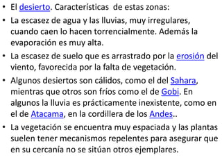 • El desierto. Características de estas zonas:
• La escasez de agua y las lluvias, muy irregulares,
cuando caen lo hacen torrencialmente. Además la
evaporación es muy alta.
• La escasez de suelo que es arrastrado por la erosión del
viento, favorecida por la falta de vegetación.
• Algunos desiertos son cálidos, como el del Sahara,
mientras que otros son fríos como el de Gobi. En
algunos la lluvia es prácticamente inexistente, como en
el de Atacama, en la cordillera de los Andes..
• La vegetación se encuentra muy espaciada y las plantas
suelen tener mecanismos repelentes para asegurar que
en su cercanía no se sitúan otros ejemplares.
 
