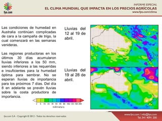 Las condiciones de humedad en        Lluvias del
Australia continúan complicadas      12 al 19 de
de cara a la campaña de trigo, la
                                     abril.
cual comenzará en las semanas
venideras.

Las regiones productoras en los
últimos 30 días acumularon
lluvias inferiores a los 50 mm,
siendo inferiores a las requeridas
e insuficientes para la humedad      Lluvias del
óptima para sembrar. No se           19 al 28 de
esperan lluvias de importancia       abril.
para los próximos 7 días. Del día
8 en adelante se prevén lluvias
sobre la costa productora de
importancia.
 