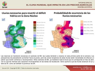 Lluvias necesarias para revertir el déficit                              Probabilidad de ocurrencia de las
         hídrico en la Zona Núcleo                                               lluvias necesarias




Las reservas se mantienen excesivas en sectores de BA, las cuales tenderán a orearse en esta primera parte de la semana. Las
perspectivas de precipitación aumentan hacia el jueves, pero las zonas receptoras de estas lluvias están necesitadas de afianzar un
patrón que recién comienza a recomponerse. Otros sectores de BA, ya recibieron toda la lluvia que le corresponde al mes de abril,
con lo cual las mismas solo causarían inconvenientes en las tareas de recolección. Sería oportuno que las lluvias alcancen el sur y
este de SF, como así también la provincia de ER.
 
