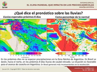 ¿Qué dice el pronóstico sobre las lluvias?
  Lluvias esperadas próximos 8 días                     Como porcentaje de lo normal




En los próximos días no se esperan precipitaciones en la Zona Núcleo de Argentina. En Brasil se
darán, hacia el norte, en los próximos 8 días lluvias de caudal elevado. La situación es favorable
para el avance de cosecha en Argentina. En Brasil generará más inconvenientes en la recolección
 