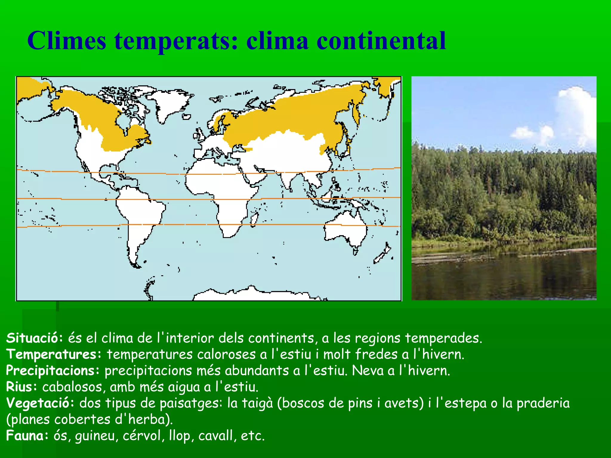 Climes temperats: clima continental Situació:  és el clima de l'interior dels continents, a les regions temperades.  Temperatures:  temperatures caloroses a l'estiu i molt fredes a l'hivern. Precipitacions:  precipitacions més abundants a l'estiu. Neva a l'hivern. Rius:  cabalosos, amb més aigua a l'estiu. Vegetació:  dos tipus de paisatges: la taigà (boscos de pins i avets) i l'estepa o la praderia (planes cobertes d'herba). Fauna:  ós, guineu, cérvol, llop, cavall, etc. 