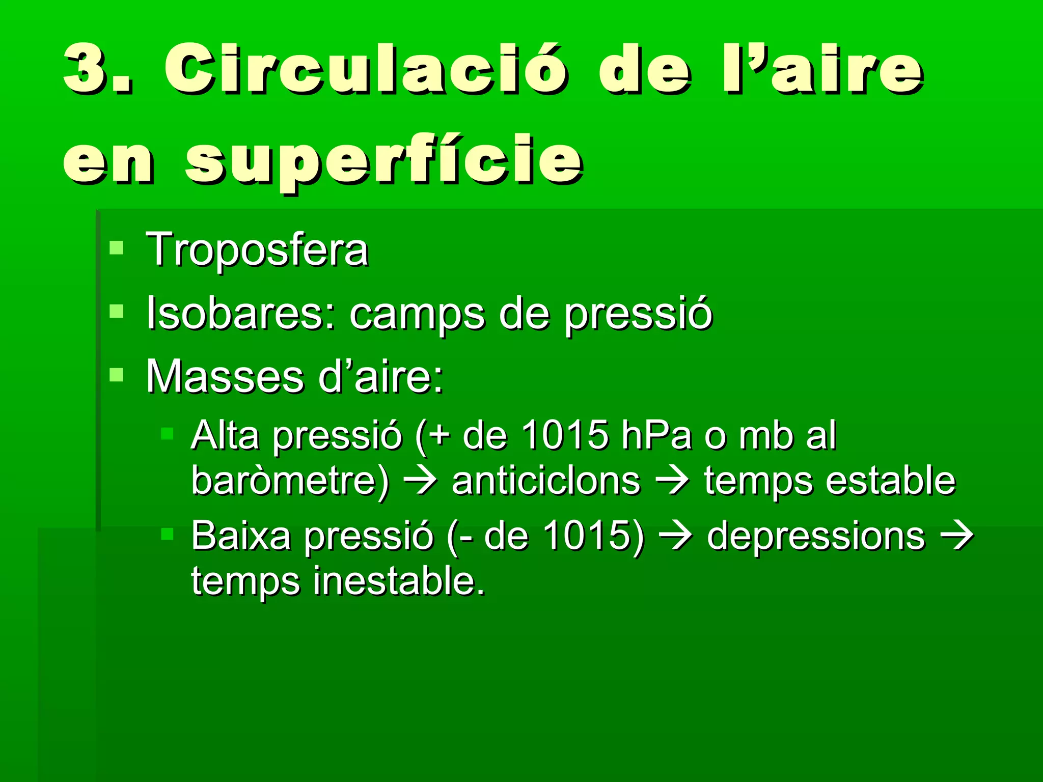 3. Circulació de l’aire en superfície Troposfera Isobares: camps de pressió Masses d’aire: Alta pressió (+ de 1015 hPa o mb al baròmetre)    anticiclons    temps estable Baixa pressió (- de 1015)    depressions    temps inestable. 