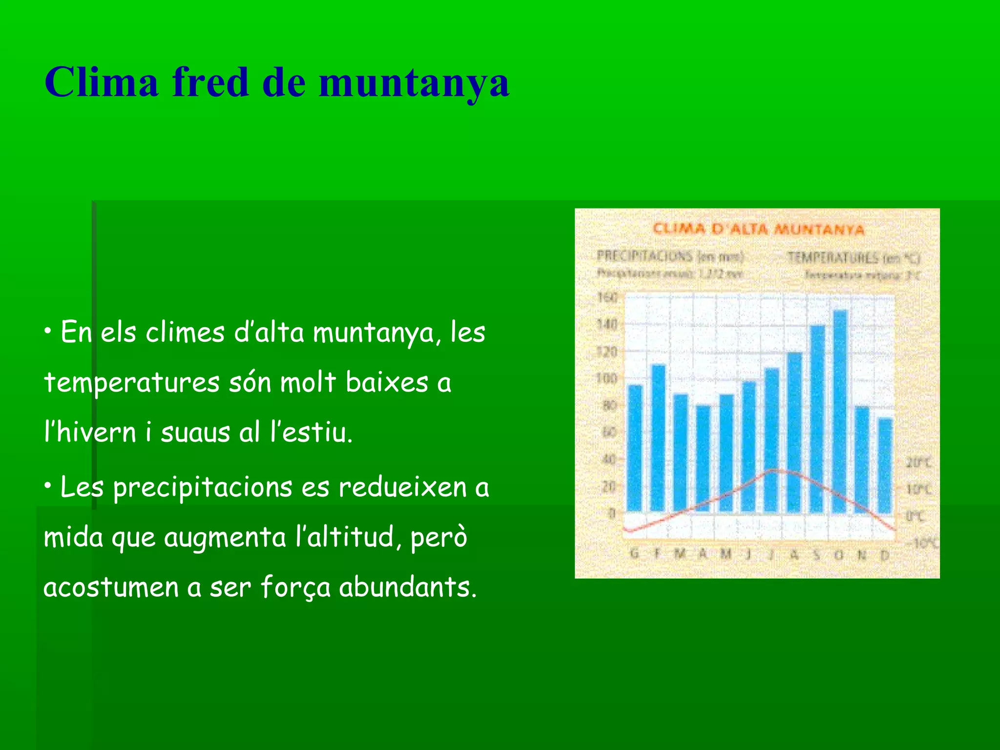 Clima fred de muntanya En els climes d’alta muntanya, les temperatures són molt baixes a l’hivern i suaus al l’estiu. Les precipitacions es redueixen a mida que augmenta l’altitud, però acostumen a ser força abundants. 