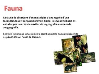 La fauna és el conjunt d‘animals típics d‘una regió o d'una
localidad.Aquest conjunt d‘animals típics i la seva distribució és
estudiat per una ciència auxiliar de la geografia anomenada
zoogeografía.

Entre els factors que influeixen en la distribució de la fauna destaquen: la
vegetació, Clima i l’acció de l'home.
 