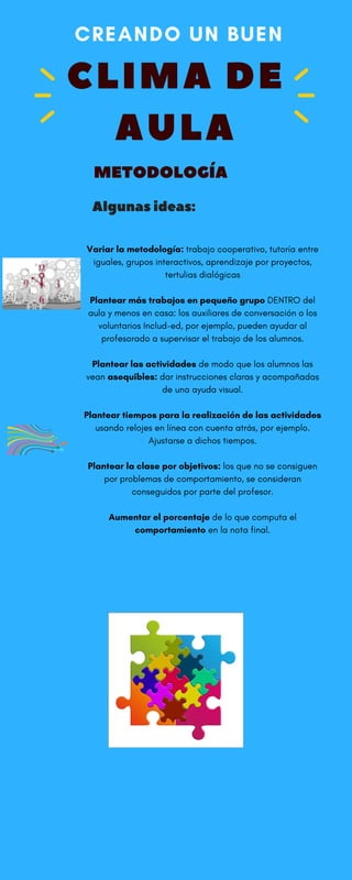 CLIMA DE
AULA
CREANDO UN BUEN 
METODOLOGÍA
Algunasideas:
Variar la metodología: trabajo cooperativo, tutoría entre
iguales, grupos interactivos, aprendizaje por proyectos,
tertulias dialógicas
Plantear más trabajos en pequeño grupo DENTRO del
aula y menos en casa: los auxiliares de conversación o los
voluntarios Includ-ed, por ejemplo, pueden ayudar al
profesorado a supervisar el trabajo de los alumnos.
Plantear las actividades de modo que los alumnos las
vean asequibles: dar instrucciones claras y acompañadas
de una ayuda visual.
Plantear tiempos para la realización de las actividades
usando relojes en línea con cuenta atrás, por ejemplo.
Ajustarse a dichos tiempos.
Plantear la clase por objetivos: los que no se consiguen
por problemas de comportamiento, se consideran
conseguidos por parte del profesor.
Aumentar el porcentaje de lo que computa el
comportamiento en la nota final.
 
 
