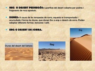 REG  O DESERT PEDREGÓS:  superfície del desert coberta per pedres i fragments de roca apretats. DUNES:  A causa de les tempestes de sorra, aquesta es transportada i acumulada i forma les dunes, que donen lloc a ergs o deserts de sorra. Poden adoptar diferents formes:  barcanes i seifs.  ERG O DESERT DE SORRA. Dunes del desert del Sahara Erg  Reg 