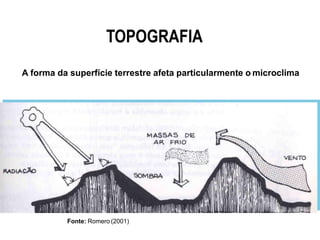 TOPOGRAFIA
A forma da superfície terrestre afeta particularmente o microclima
Fonte: Romero (2001)
 