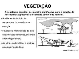 VEGETAÇÃO
A vegetação contribui de maneira significativa para a criação de
microclimas agradáveis ao conforto térmico do homem .
Auxilia na diminuição da
temperatura do ar e absorve
energia;
Favorece a manutenção do ciclo
oxigênio-gás carbônico, essencial
à renovação do ar;
As folhas podem filtrar a poeira e
a contaminação do ar.
Fonte: Romero (2001)
 