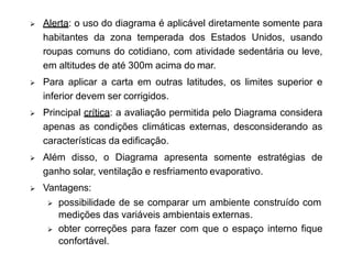  Alerta: o uso do diagrama é aplicável diretamente somente para
habitantes da zona temperada dos Estados Unidos, usando
roupas comuns do cotidiano, com atividade sedentária ou leve,
em altitudes de até 300m acima do mar.
 Para aplicar a carta em outras latitudes, os limites superior e
inferior devem ser corrigidos.
 Principal crítica: a avaliação permitida pelo Diagrama considera
apenas as condições climáticas externas, desconsiderando as
características da edificação.
 Além disso, o Diagrama apresenta somente estratégias de
ganho solar, ventilação e resfriamento evaporativo.
 Vantagens:
 possibilidade de se comparar um ambiente construído com
medições das variáveis ambientais externas.
 obter correções para fazer com que o espaço interno fique
confortável.
 