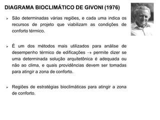 DIAGRAMA BIOCLIMÁTICO DE GIVONI (1976)
 São determinadas várias regiões, e cada uma indica os
recursos de projeto que viabilizam as condições de
conforto térmico.
 É um dos métodos mais utilizados para análise de
desempenho térmico de edificações  permite dizer se
uma determinada solução arquitetônica é adequada ou
não ao clima, e quais providências devem ser tomadas
para atingir a zona de conforto.
 Regiões de estratégias bioclimáticas para atingir a zona
de conforto.
 