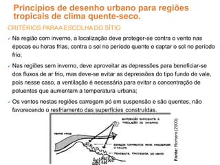 CRITÉRIOS PARAA ESCOLHA DO SÍTIO
 Na região com inverno, a localização deve proteger-se contra o vento nas
épocas ou horas frias, contra o sol no período quente e captar o sol no período
frio;
 Nas regiões sem inverno, deve aproveitar as depressões para beneficiar-se
dos fluxos de ar frio, mas deve-se evitar as depressões do tipo fundo de vale,
pois nesse caso, a ventilação é necessária para evitar a concentração de
poluentes que aumentam a temperatura urbana;
 Os ventos nestas regiões carregam pó em suspensão e são quentes, não
favorecendo o resfriamento das superfícies construídas.
Princípios de desenho urbano para regiões
tropicais de clima quente-seco.
Fonte:
Romero
(2000)
 