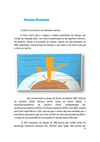 Causas Humanas


       O efeito de estufa é um fenómeno natural.

      A terra emite para o espaço a mesma quantidade de energia que
recebe de radiação solar, com vista à manutenção do seu equilíbrio térmico.
No entanto, devido à actividade do homem, resulta um adicionamento de
GEE, ampliando a concentração de energia, o que reduz a eficiência com que
a terra se resfria.




               São considerados os Gases de Efeito de Estufa, GEE: Dióxido
de   Carbono     (CO2),   Metano   (CH4),   óxido    de     Azoto   (NO2),    o
hexafluorcarbonetos       de    enxofre     (SF6),        acompanhados       por
hexafluorcarbonetos (HFCs) e Perfluorcarbonetos (PFCs). Dos GEE, assume
particular importância o CO2, uma vez que o volume das suas emissões par a
atmosfera representa algo em torno de 55% do total das emissões de GEE e
o tempo da sua permanência na atmosfera é de pelo menos 100 anos.

       O CO2 aumentou de volume de 280 partes por milhão antes da
Revolução Industrial (meados séc. XVIII), para quase 360 partes por
                                                                              10
 