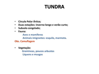 TUNDRA

• Círculo Polar Ártico;
• Duas estações: inverno longo e verão curto;
• Subsolo congelado;
• Fauna:
       Aves e mamíferos
       Animais imigrantes: esquilo, marmota.
Obs. Camuflagem

• Vegetação:
     Gramíneas, poucos arbustos
     Liquens e musgos
 