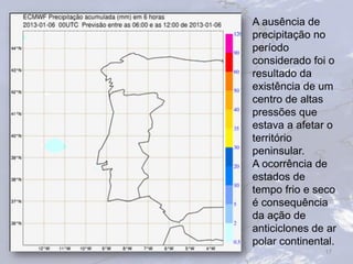 17
A ausência de
precipitação no
período
considerado foi o
resultado da
existência de um
centro de altas
pressões que
estava a afetar o
território
peninsular.
A ocorrência de
estados de
tempo frio e seco
é consequência
da ação de
anticiclones de ar
polar continental.
 
