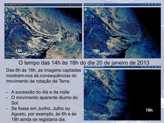 O tempo das 14h às 18h do dia 20 de janeiro de 2013
14h 16h
18h
Das 6h às 18h, as imagens captadas
mostram-nos as consequências do
movimento de rotação da Terra:
- A sucessão do dia e da noite
- O movimento aparente diurno do
Sol.
- Se fosse em Junho, Julho ou
Agosto, por exemplo, às 6h e às
18h ainda se registaria dia.
 