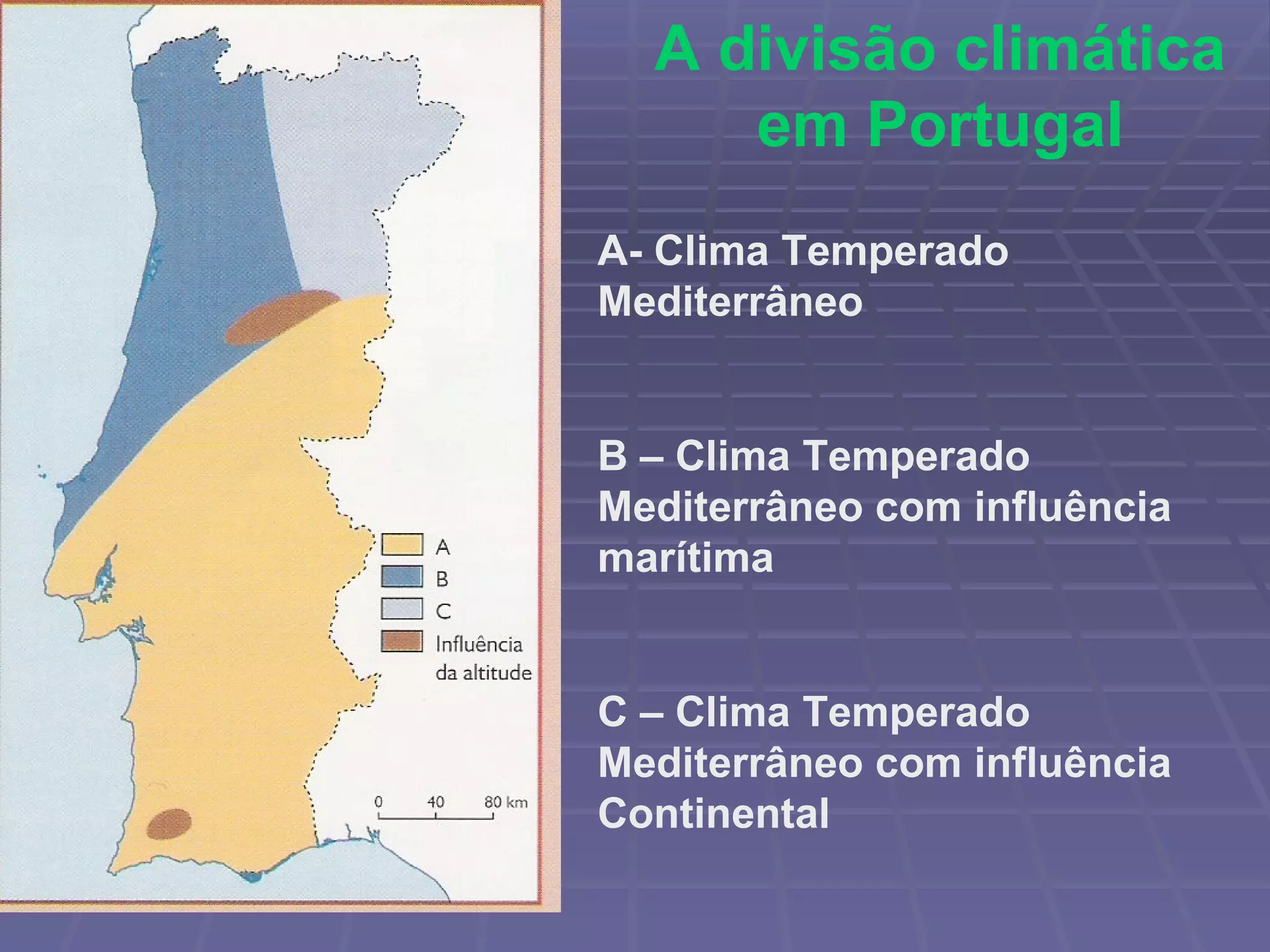 A divisão climática em Portugal A- Clima Temperado Mediterrâneo B – Clima Temperado Mediterrâneo com influência marítima C – Clima Temperado Mediterrâneo com influência Continental