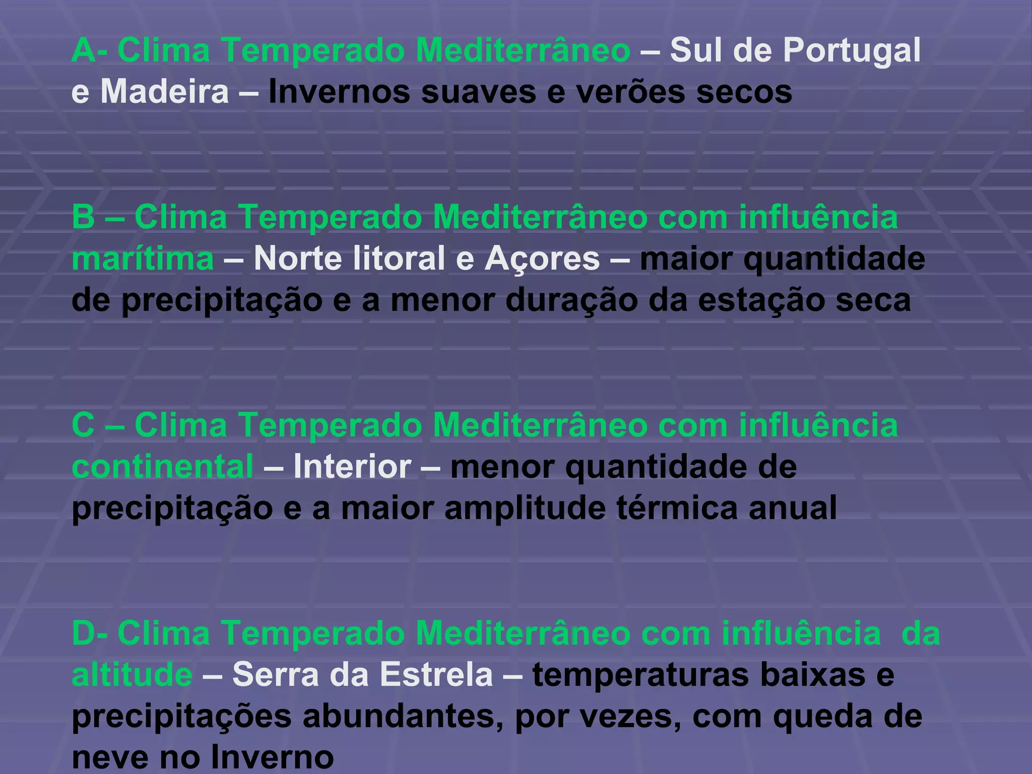 A- Clima Temperado Mediterrâneo – Sul de Portugal e Madeira – Invernos suaves e verões secos B – Clima Temperado Mediterrâneo com influência marítima – Norte litoral e Açores – maior quantidade de precipitação e a menor duração da estação seca C – Clima Temperado Mediterrâneo com influência continental – Interior – menor quantidade de precipitação e a maior amplitude térmica anual D- Clima Temperado Mediterrâneo com influência da altitude – Serra da Estrela – temperaturas baixas e precipitações abundantes, por vezes, com queda de neve no Inverno