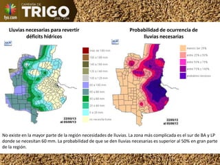 Lluvias necesarias para revertir
déficits hídricos
Probabilidad de ocurrencia de
lluvias necesarias
No existe en la mayor parte de la región necesidades de lluvias. La zona más complicada es el sur de BA y LP
donde se necesitan 60 mm. La probabilidad de que se den lluvias necesarias es superior al 50% en gran parte
de la región.
 