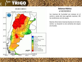 Balance Hídrico
al 10/10/2013
Las reservas de humedad son escasas en el
centro y oeste del área agrícola nacional. Allí
las condiciones son de sequía.
Buenos Aires tiene reservas buenas en el este y
centro. La situación es de comienzo de sequía
en el oeste.

 
