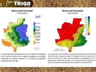Reserva de humedad

Reserva de humedad

al 09/10/2012

al 10/10/2013

Las abundantes precipitaciones que se habían concretado
en el centro noreste de la región pampeana, se habían
traducido en excesos hídricos. La situación complicaba
sanitariamente al trigo

Las condiciones de humedad son poco favorables para el desarrollo
normal de los cultivos de trigo. En regiones como el norte de SF
más del 45% de los lotes presenta daños irrecuperables. En el
extremo del sudeste bonaerense las condiciones de humedad son
optimas. Lluvias futuras podrían desencadenar inconvenientes.

 