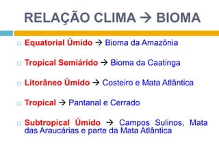 RELAÇÃO CLIMA  BIOMA


Equatorial Úmido  Bioma da Amazônia



Tropical Semiárido  Bioma da Caatinga



Litorâneo Úmido  Costeiro e Mata Atlântica



Tropical  Pantanal e Cerrado



Subtropical Úmido  Campos Sulinos, Mata
das Araucárias e parte da Mata Atlântica

 