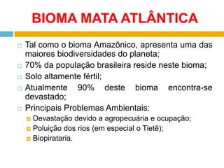 BIOMA MATA ATLÂNTICA








Tal como o bioma Amazônico, apresenta uma das
maiores biodiversidades do planeta;
70% da população brasileira reside neste bioma;
Solo altamente fértil;
Atualmente 90% deste bioma encontra-se
devastado;
Principais Problemas Ambientais:
Devastação devido a agropecuária e ocupação;
 Poluição dos rios (em especial o Tietê);
 Biopirataria.


 