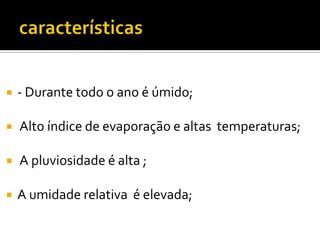  - Durante todo o ano é úmido;
Alto índice de evaporação e altas temperaturas;
A pluviosidade é alta ;
A umidade relativa é elevada;