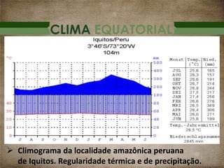 CLIMA EQUATORIAL
 Climograma da localidade amazônica peruana
de Iquitos. Regularidade térmica e de precipitação.
 