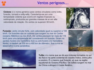 Ventos perigosos...

Ciclone: é o nome genérico para ventos circulares como tufão,
furacão, tornado e willy-willy. Caracteriza-se por uma
tempestade violenta que ocorre em regiões tropicais ou
subtropicais, produzida por grandes massas de ar em alta
velocidade de rotação. Os ventos os superam 50 km/h.



Furacão: vento circular forte, com velocidade igual ou superior a 108
km/h. Os furacões são os ciclones que surgem no mar do Caribe
(oceano Atlântico) ou nos EUA. Os ventos precisam ter mais de 119
km/h para uma tempestade ser considerada um furacão. Giram no
sentido horário (no hemisfério Sul) ou anti-horário (no hemisfério
Norte), e medem de 200 km a 400 km de diâmetro. Sua curva se
assemelha a uma parabólica.



                                      Tufão: é o nome que se dá aos ciclones formados no sul
                                      da Ásia e na parte ocidental do oceano Índico, entre julho
                                      e outubro. É o mesmo que furacão, só que na região
                                      equatorial do Oceano Pacífico. Os tufões surgem no mar
                                      da China e atingem o Leste Asiático.
 
