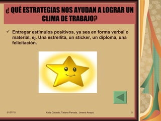 ¿  QUÉ ESTRATEGIAS NOS AYUDAN A LOGRAR UN CLIMA DE TRABAJO ? Entregar estímulos positivos, ya sea en forma verbal o material, ej. Una estrellita, un sticker, un diploma, una felicitación. 