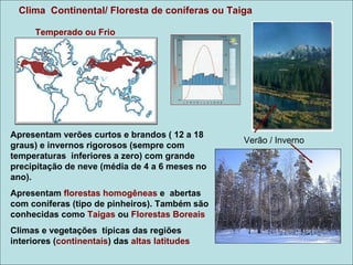 Clima Continental/ Floresta de coníferas ou Taiga

      Temperado ou Frio




Apresentam verões curtos e brandos ( 12 a 18
                                                 Verão / Inverno
graus) e invernos rigorosos (sempre com
temperaturas inferiores a zero) com grande
precipitação de neve (média de 4 a 6 meses no
ano).
Apresentam florestas homogêneas e abertas
com coníferas (tipo de pinheiros). Também são
conhecidas como Taigas ou Florestas Boreais
Climas e vegetações típicas das regiões
interiores (continentais) das altas latitudes
 