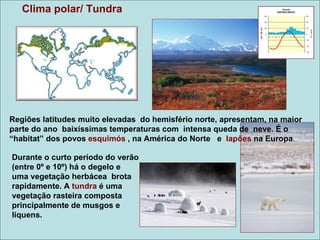 Clima polar/ Tundra




Regiões latitudes muito elevadas do hemisfério norte, apresentam, na maior
parte do ano baixíssimas temperaturas com intensa queda de neve. É o
“habitat” dos povos esquimós , na América do Norte e lapões na Europa.

Durante o curto período do verão
(entre 0º e 10º) há o degelo e
uma vegetação herbácea brota
rapidamente. A tundra é uma
vegetação rasteira composta
principalmente de musgos e
líquens.
 