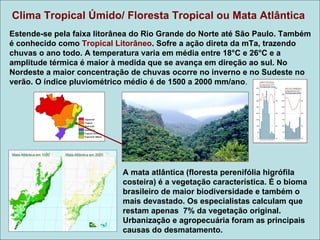 Clima Tropical Úmido/ Floresta Tropical ou Mata Atlântica
Estende-se pela faixa litorânea do Rio Grande do Norte até São Paulo. Também
é conhecido como Tropical Litorâneo. Sofre a ação direta da mTa, trazendo
chuvas o ano todo. A temperatura varia em média entre 18°C e 26°C e a
amplitude térmica é maior à medida que se avança em direção ao sul. No
Nordeste a maior concentração de chuvas ocorre no inverno e no Sudeste no
verão. O índice pluviométrico médio é de 1500 a 2000 mm/ano.




                            A mata atlântica (floresta perenifólia higrófila
                            costeira) é a vegetação característica. É o bioma
                            brasileiro de maior biodiversidade e também o
                            mais devastado. Os especialistas calculam que
                            restam apenas 7% da vegetação original.
                            Urbanização e agropecuária foram as principais
                            causas do desmatamento.
 