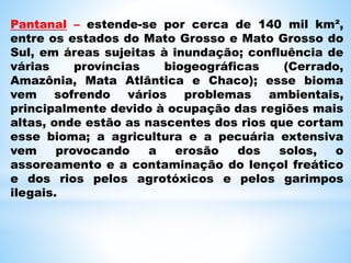 Pantanal – estende-se por cerca de 140 mil km²,
entre os estados do Mato Grosso e Mato Grosso do
Sul, em áreas sujeitas à inundação; confluência de
várias províncias biogeográficas (Cerrado,
Amazônia, Mata Atlântica e Chaco); esse bioma
vem sofrendo vários problemas ambientais,
principalmente devido à ocupação das regiões mais
altas, onde estão as nascentes dos rios que cortam
esse bioma; a agricultura e a pecuária extensiva
vem provocando a erosão dos solos, o
assoreamento e a contaminação do lençol freático
e dos rios pelos agrotóxicos e pelos garimpos
ilegais.
 