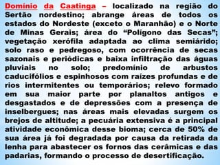 Domínio da Caatinga – localizado na região do
Sertão nordestino; abrange áreas de todos os
estados do Nordeste (exceto o Maranhão) e o Norte
de Minas Gerais; área do “Polígono das Secas”;
vegetação xerófila adaptada ao clima semiárido;
solo raso e pedregoso, com ocorrência de secas
sazonais e periódicas e baixa infiltração das águas
pluviais no solo; predomínio de arbustos
caducifólios e espinhosos com raízes profundas e de
rios intermitentes ou temporários; relevo formado
em sua maior parte por planaltos antigos e
desgastados e de depressões com a presença de
inselbergues; nas áreas mais elevadas surgem os
brejos de altitude; a pecuária extensiva é a principal
atividade econômica desse bioma; cerca de 50% de
sua área já foi degradada por causa da retirada da
lenha para abastecer os fornos das cerâmicas e das
padarias, formando o processo de desertificação.
 