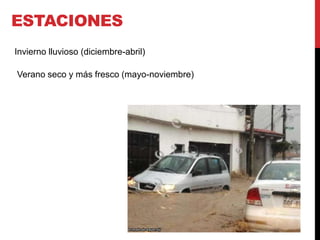 ESTACIONES
Invierno lluvioso (diciembre-abril)

Verano seco y más fresco (mayo-noviembre)
 