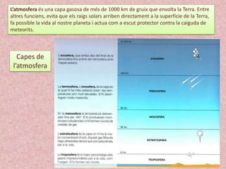 L’atmosfera és una capa gasosa de més de 1000 km de gruix que envolta la Terra. Entre
altres funcions, evita que els raigs solars arriben directament a la superfície de la Terra,
fa possible la vida al nostre planeta i actua com a escut protector contra la caiguda de
meteorits.

Capes de
l’atmosfera

 