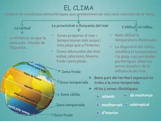 EL CLIMA
Conjunt de condicions atmosfèriques que predominen en una zona concreta de la Terra.
La latitud
• La distància en que la
zona esta situada de
l'Equador.

La proximitat o llunyania del mar
• Zones properes al mar :
temperatures més suaus i
més pluja que a l’interior.
• Zones allunyades del mar:
estius calorosos, hiverns
freds i poca pluja.

Zona freda
Zona temperada

L’altitud i el relleu

• Amb altitud la
temperatura disminueix
• La disposició del relleu:
modifica la temperatura
i la pluja. Les serralades
perifèriques aïllen les
terres interiors de la
influència del mar.

Bona part del territori espanyol es
troba a la zona temperada.
Hi ha 5 zones climàtiques:

Zona càlida
Zona temperada
Zona freda

atlàntic

de muntanya

mediterrani

subtropical

d’interior

 