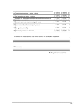 66 Mi jefe inmediato estimula el cambio y mejora

67 Las buenas ídeas que surgen, se realizan
     Considero que para mejorar el desempeño de mis funciones debería recibir
68
     algún tipo de capacitación
69 En nuestro equipo, hay un ambiente alegre de trabajo

70 Se nos anima a desarrollar nuestro propio potencial

71 Nos agrada nuestro trabajo

72 Sabemos lo que exigen los estudiantes



73 Menciona tres aspectos positivos y tres aspectos negativos que percibes de tu departamento




74 Comentarios



                                                                         Muchas gracias por su cooperación




                                                                                                             103
 