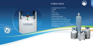 • Aufgearbeitete H-FCKW
• H-FKW
• HFO
• Ammoniak
• Kohlendioxid
• Kohlenwasserstoffe
• Thermodynamische Tools
• Eigenschaften der Verpackungen
• Rückgewinnung der Kältemittel
• Wiederverwertung der Kältemittel
• Physikalisch-chemische Eigenschaften
der Kältemittel
Kältemittel
KÄLTEMITTEL
 