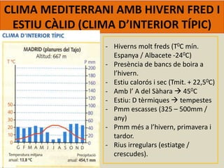 CLIMA MEDITERRANI AMB HIVERN FRED I
ESTIU CÀLID (CLIMA D’INTERIOR TÍPIC)
- Hiverns molt freds (T0C mín.
Espanya / Albacete -240C)
- Presència de bancs de boira a
l’hivern.
- Estiu calorós i sec (Tmit. + 22,50C)
- Amb l’ A del Sàhara  450C
- Estiu: D tèrmiques  tempestes
- Pmm escasses (325 – 500mm /
any)
- Pmm més a l’hivern, primavera i
tardor.
- Rius irregulars (estiatge /
crescudes).
 