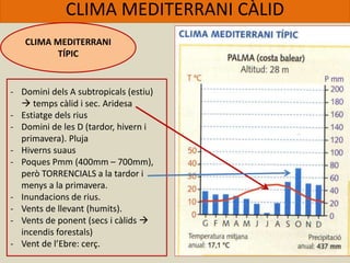 CLIMA MEDITERRANI CÀLID
CLIMA MEDITERRANI
TÍPIC
- Domini dels A subtropicals (estiu)
 temps càlid i sec. Aridesa
- Estiatge dels rius
- Domini de les D (tardor, hivern i
primavera). Pluja
- Hiverns suaus
- Poques Pmm (400mm – 700mm),
però TORRENCIALS a la tardor i
menys a la primavera.
- Inundacions de rius.
- Vents de llevant (humits).
- Vents de ponent (secs i càlids 
incendis forestals)
- Vent de l’Ebre: cerç.
 