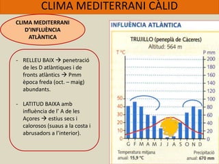 CLIMA MEDITERRANI CÀLID
CLIMA MEDITERRANI
D’INFLUÈNCIA
ATLÀNTICA
- RELLEU BAIX  penetració
de les D atlàntiques i de
fronts atlàntics  Pmm
època freda (oct. – maig)
abundants.
- LATITUD BAIXA amb
influència de l’ A de les
Açores  estius secs i
calorosos (suaus a la costa i
abrusadors a l’interior).
 