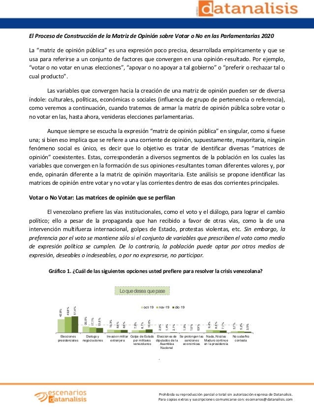 Prohibida su reproducción parcial o total sin autorización expresa de Datanalisis. Para copias extras y suscripciones comu...